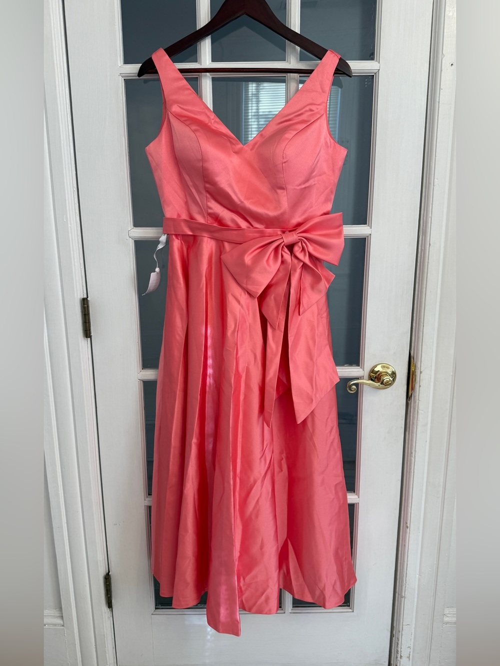 MISS VEIL Women's Pink Satin Sleeveless V-Neck Bow Waist Midi Formal Dress